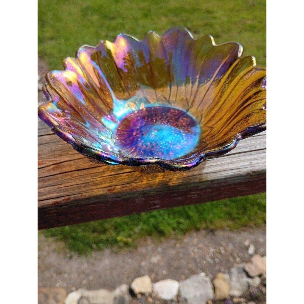 Indiana Glass Sunflower Candy Dish Glass Lily Pons 70's Iridescent
